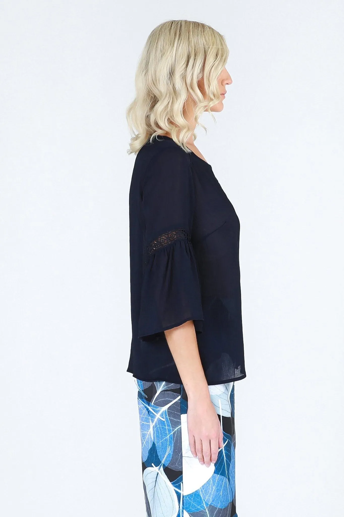 3RD Love Vivid Navy 3/4 Bell Sleeved Top with Lace Inserts