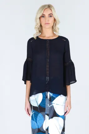 3RD Love Vivid Navy 3/4 Bell Sleeved Top with Lace Inserts