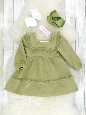 Army Green Suede Square Neck Ruffle Dress