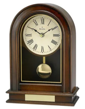 Bulova Hardwick Pendulum Table Clock - Walnut Finish - Decorative Screened Glass