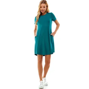 Crew Neck Short Sleeve Pockets Mini Dress in Emerald