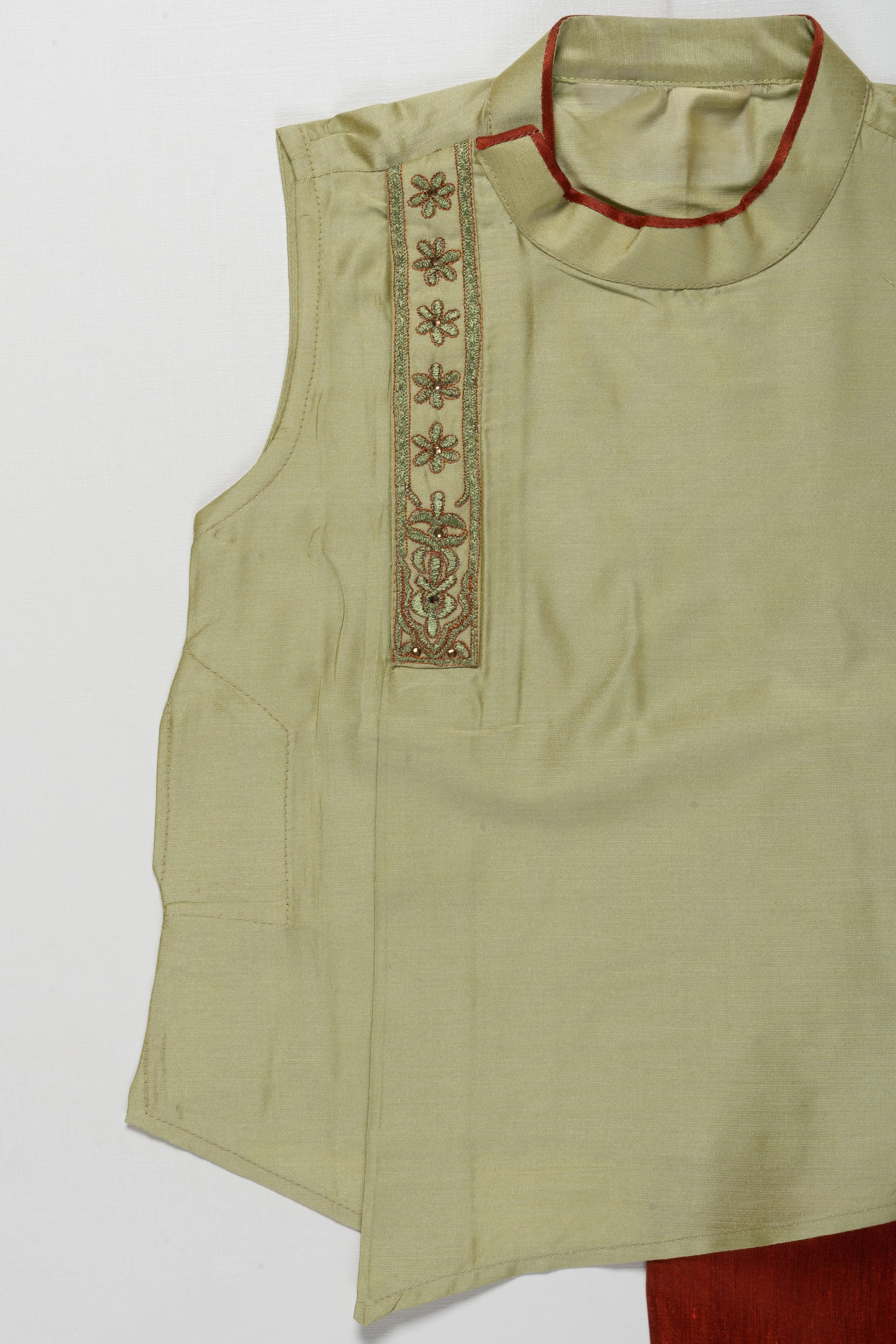 Elegant Green Sleeveless Kurta with Maroon Dhoti Set for Boys