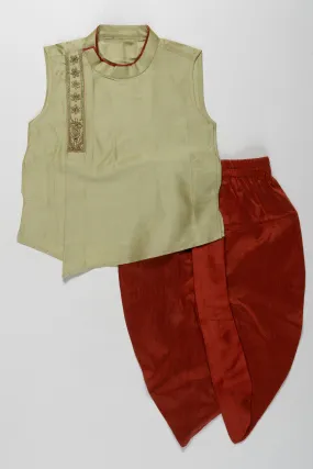 Elegant Green Sleeveless Kurta with Maroon Dhoti Set for Boys