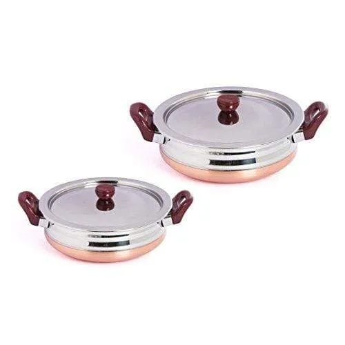 Embassy Stainless Steel Copper Bottom Urli Set with Lid, Set of 2, Sizes 1 & 3 - 1000 & 2000 ml