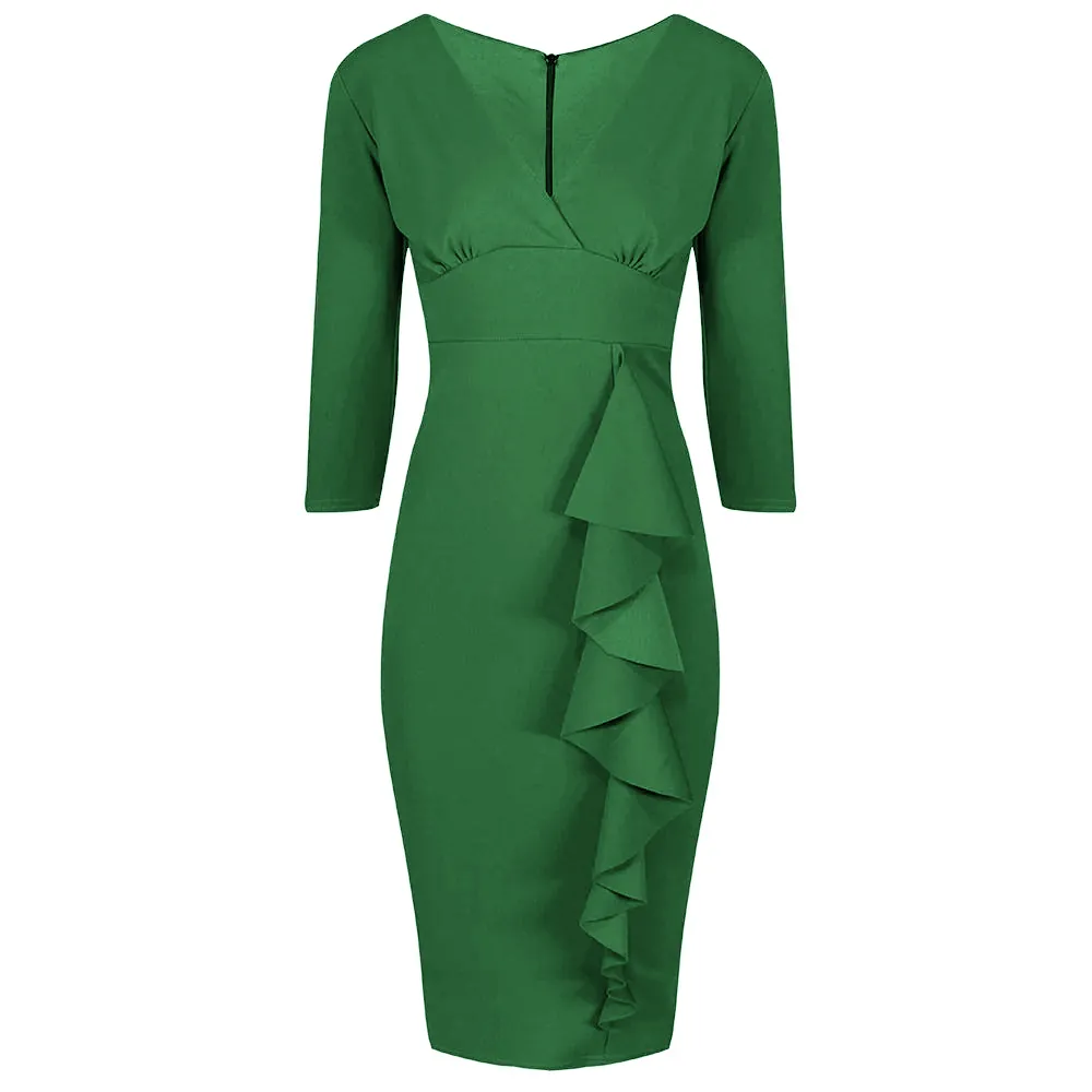 Emerald Green Waterfall Ruffle Wiggle Pencil Dress With 3/4 Sleeves & Empire Waist