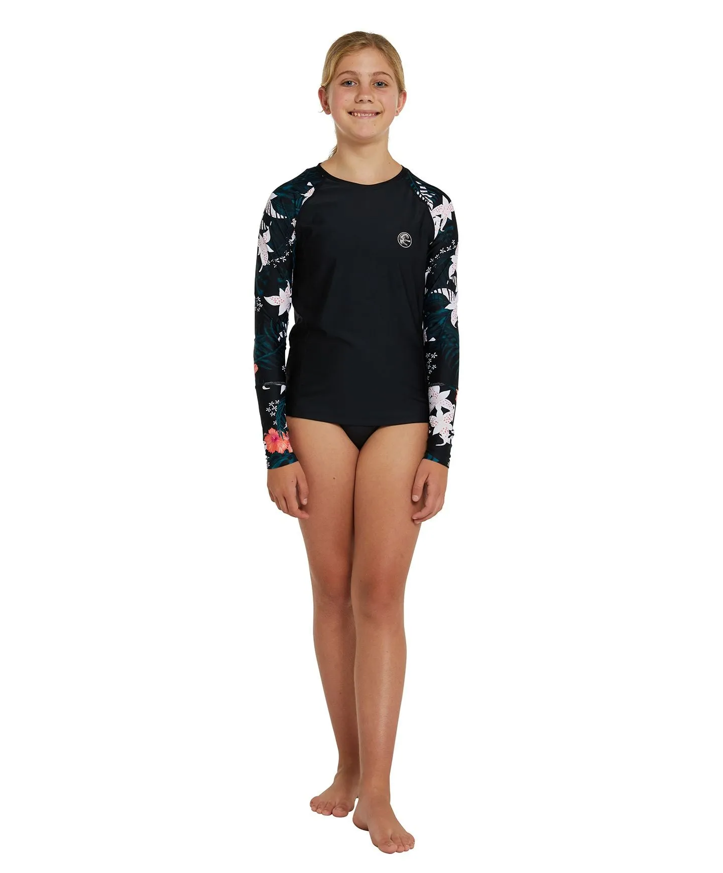 Girl's Bahia Long Sleeve Rash Tee - Black Hibiscus