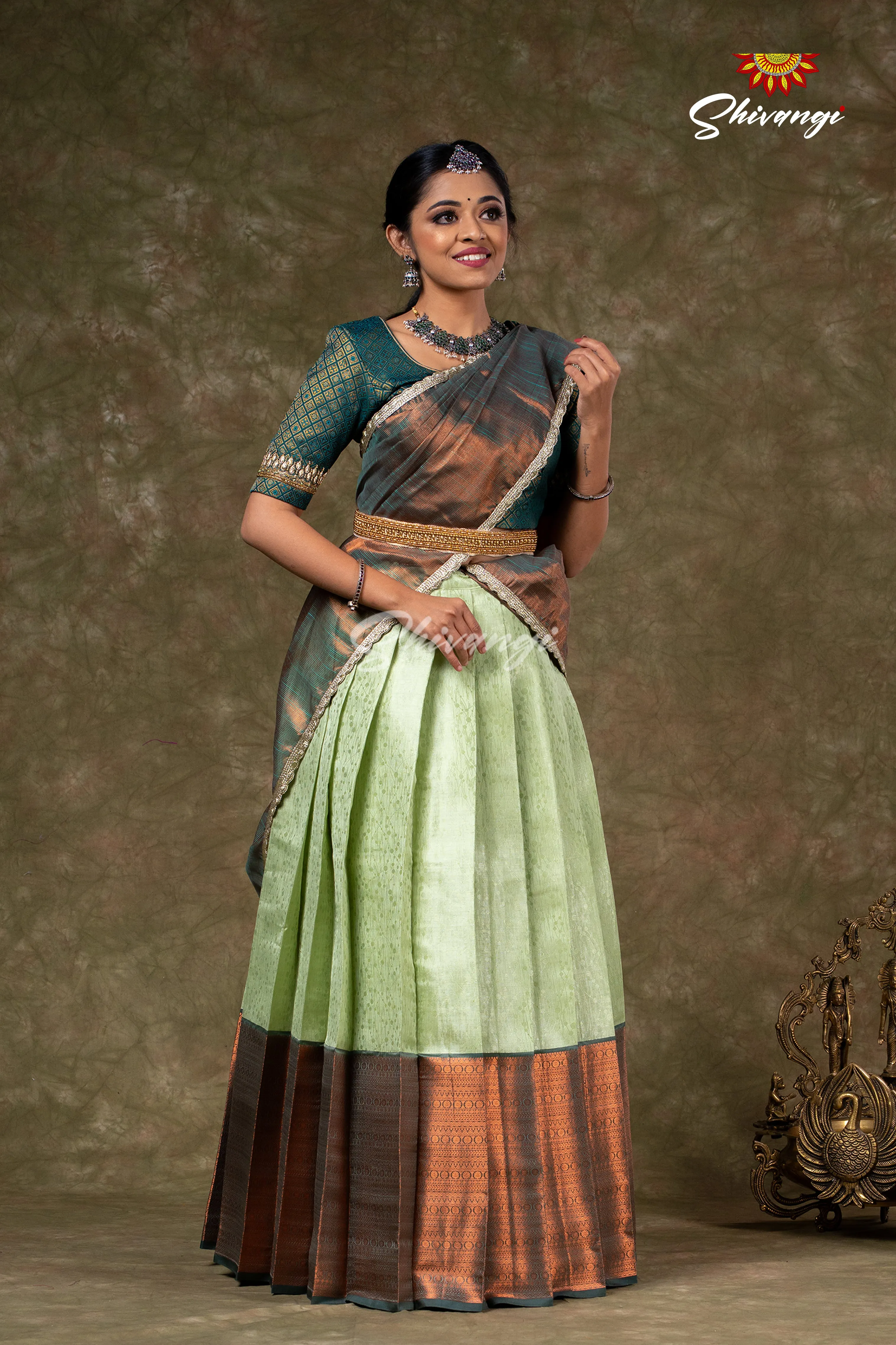 Girls Green Bubble Grass Half Saree Lehenga