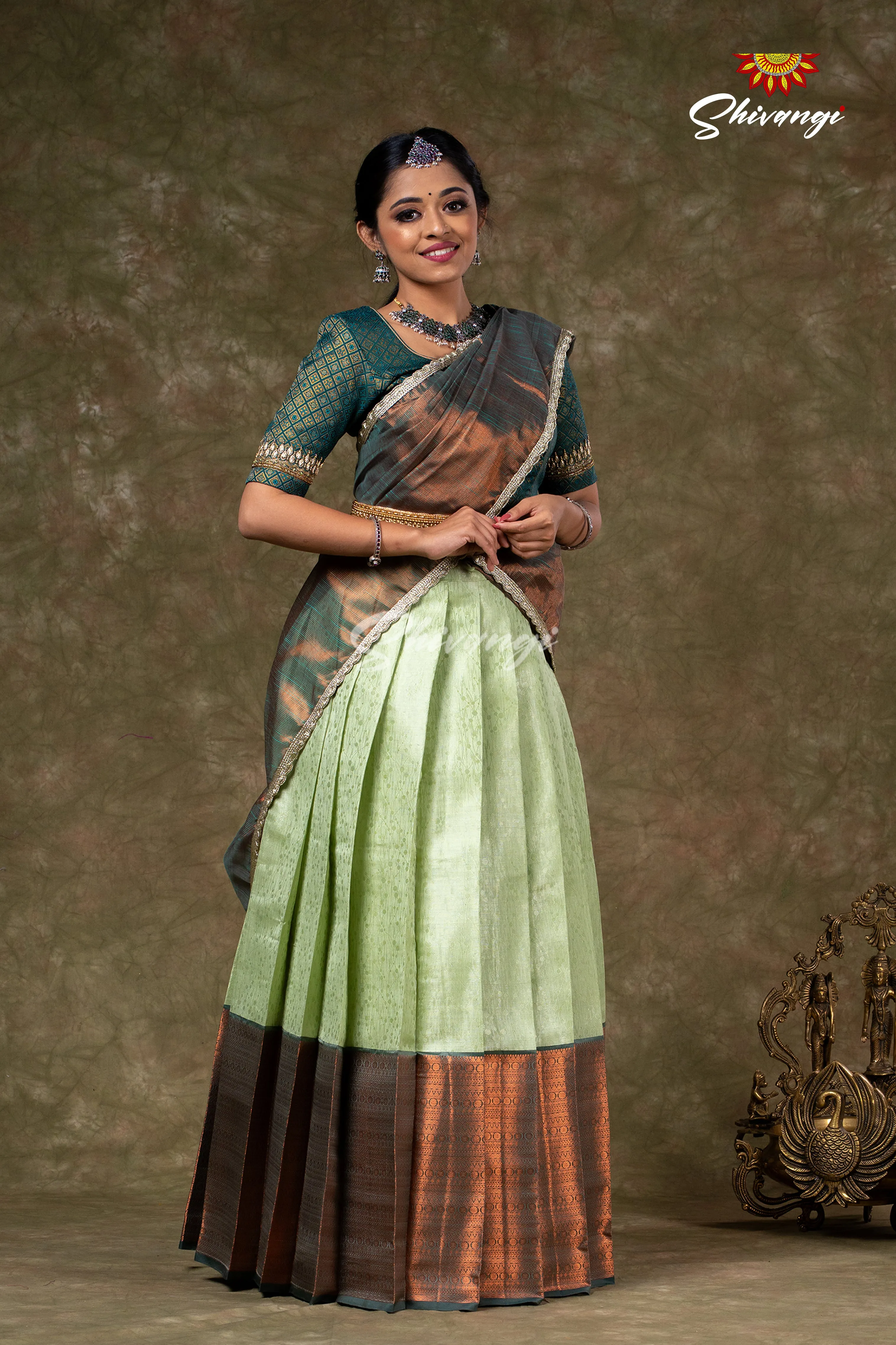 Girls Green Bubble Grass Half Saree Lehenga