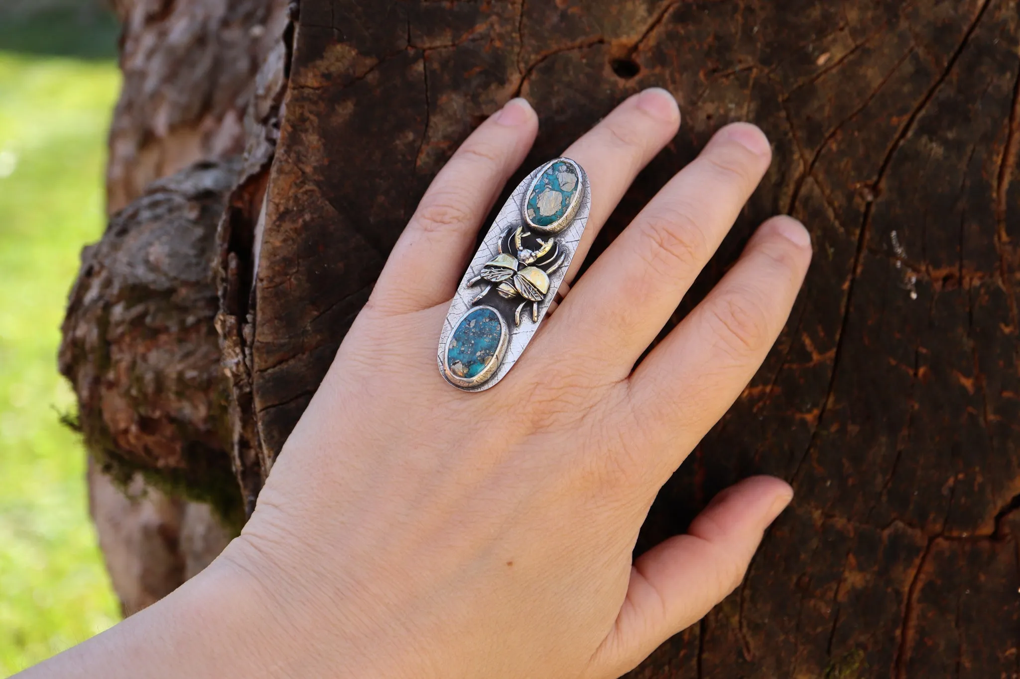 Gold Touched Stag Beetle and Turquoise Ring