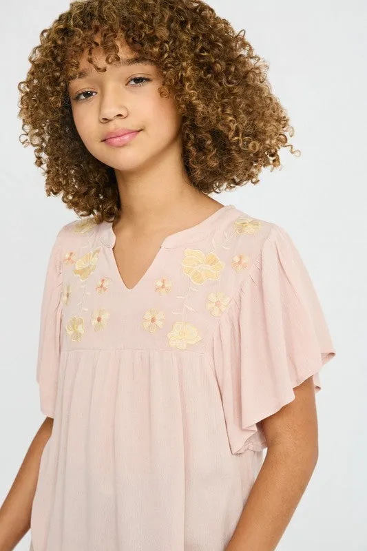 Hayden Floral Embroidered Ruffle Sleeve Top