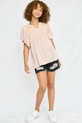 Hayden Floral Embroidered Ruffle Sleeve Top