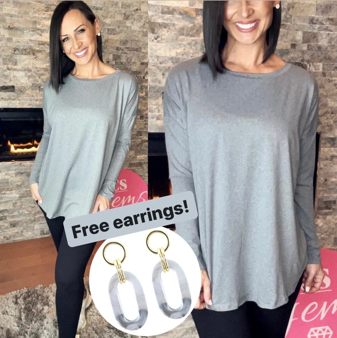 HEATHER GREY Round Hem Long Sleeve with FREE EARRINGS