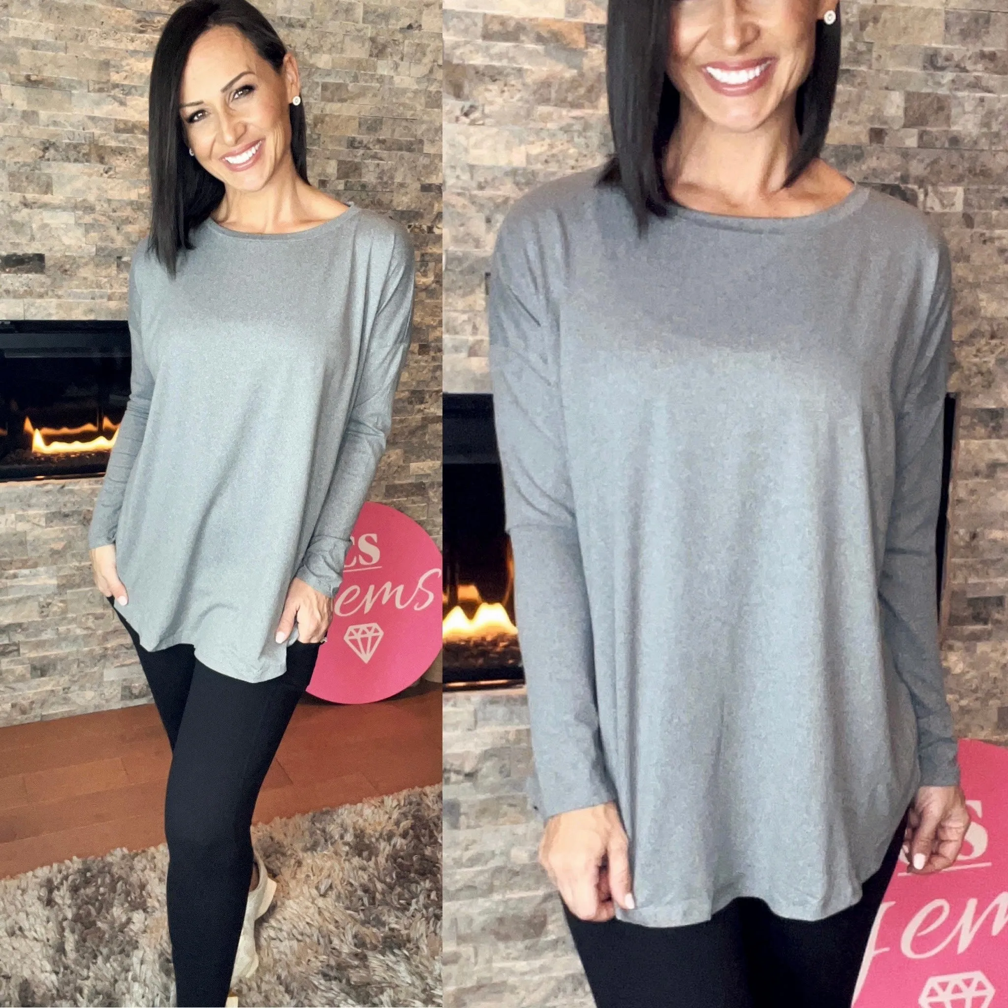 HEATHER GREY Round Hem Long Sleeve with FREE EARRINGS