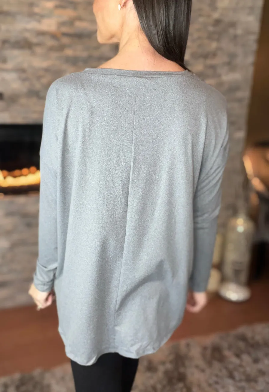 HEATHER GREY Round Hem Long Sleeve with FREE EARRINGS