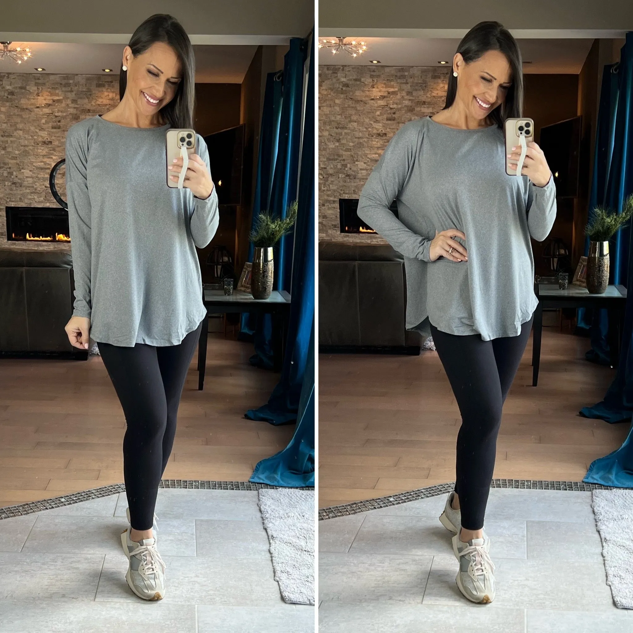 HEATHER GREY Round Hem Long Sleeve with FREE EARRINGS