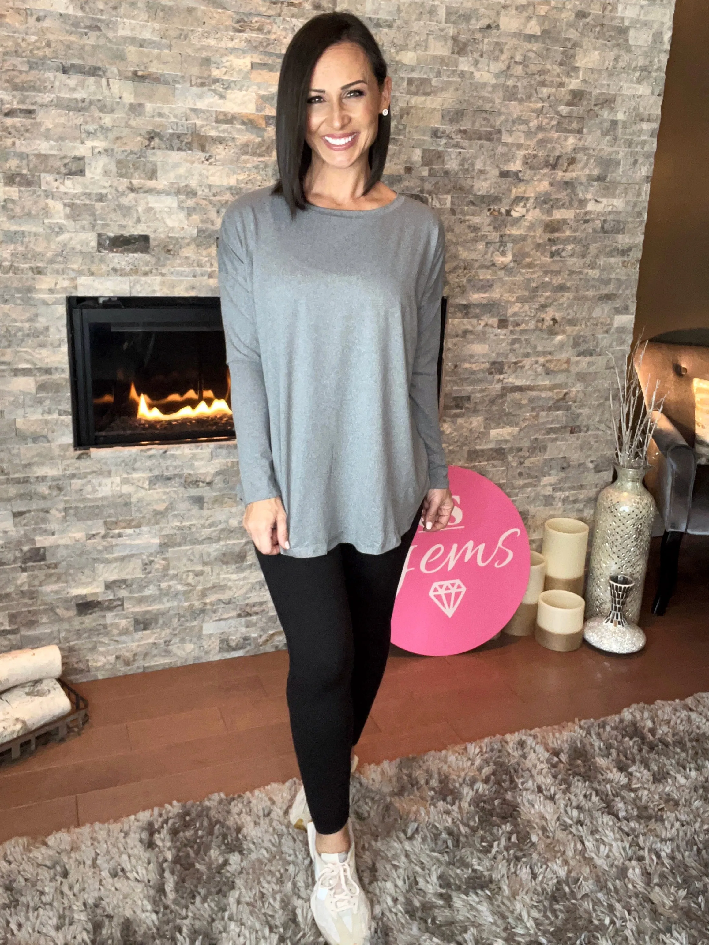 HEATHER GREY Round Hem Long Sleeve with FREE EARRINGS