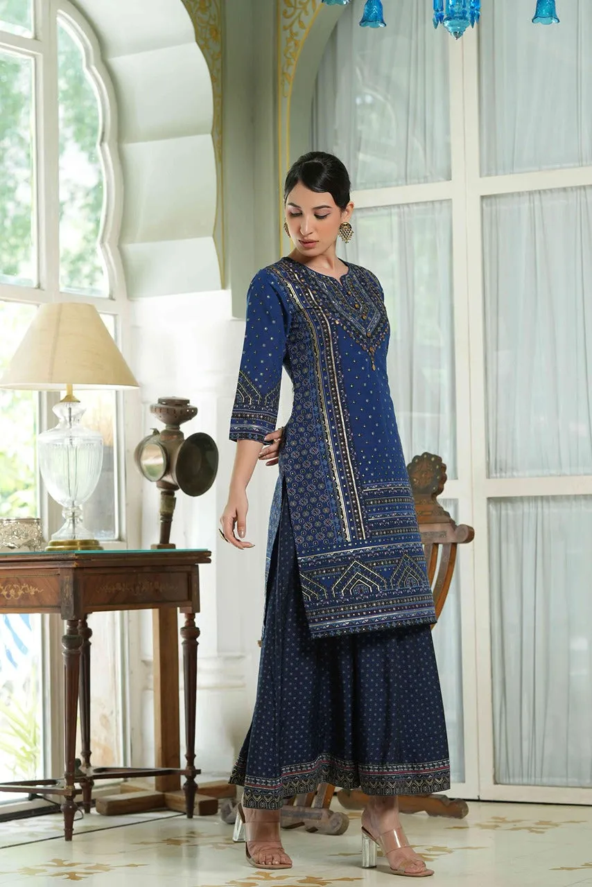 Juniper Indigo Ethnic Motif Printed Chanderi Layered Dress With Zari Work Embroidery