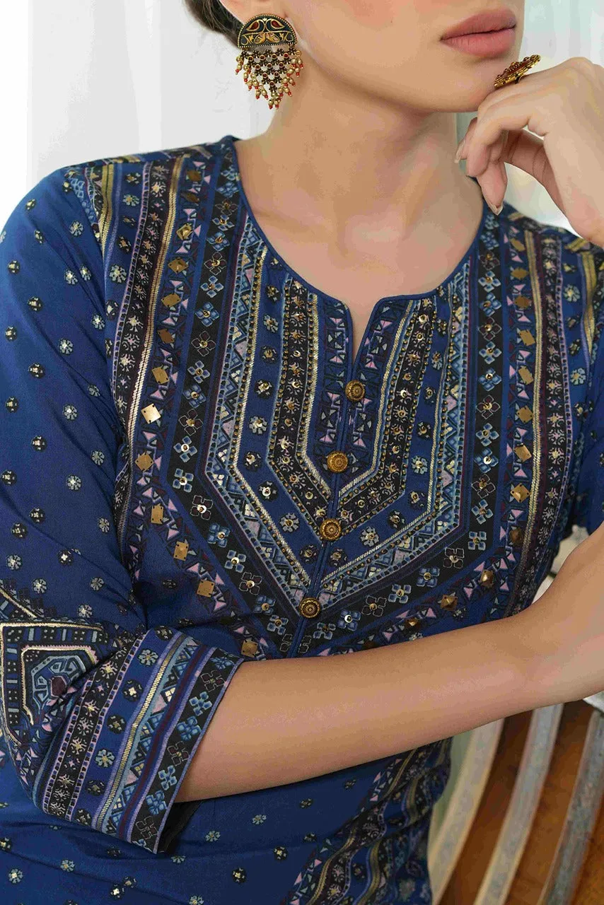 Juniper Indigo Ethnic Motif Printed Chanderi Layered Dress With Zari Work Embroidery