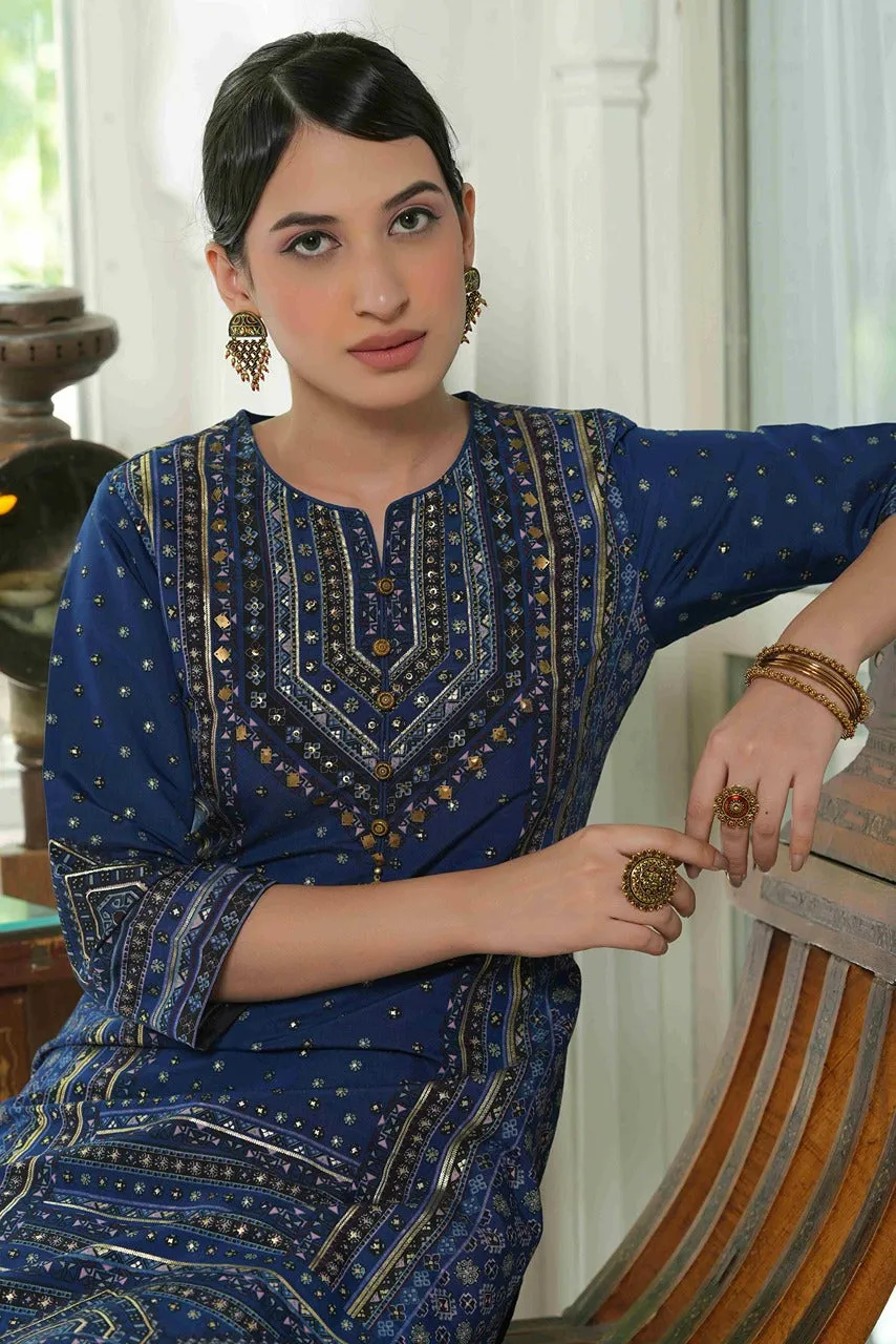 Juniper Indigo Ethnic Motif Printed Chanderi Layered Dress With Zari Work Embroidery