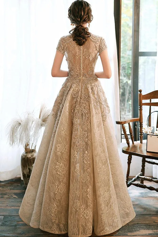 Light champagne lace satin prom dress champagne evening dress P7866