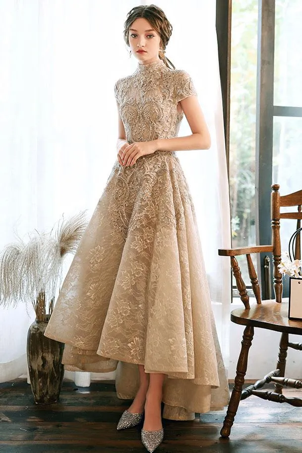 Light champagne lace satin prom dress champagne evening dress P7866