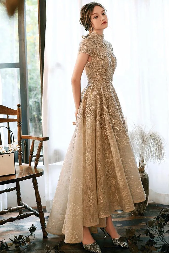 Light champagne lace satin prom dress champagne evening dress P7866