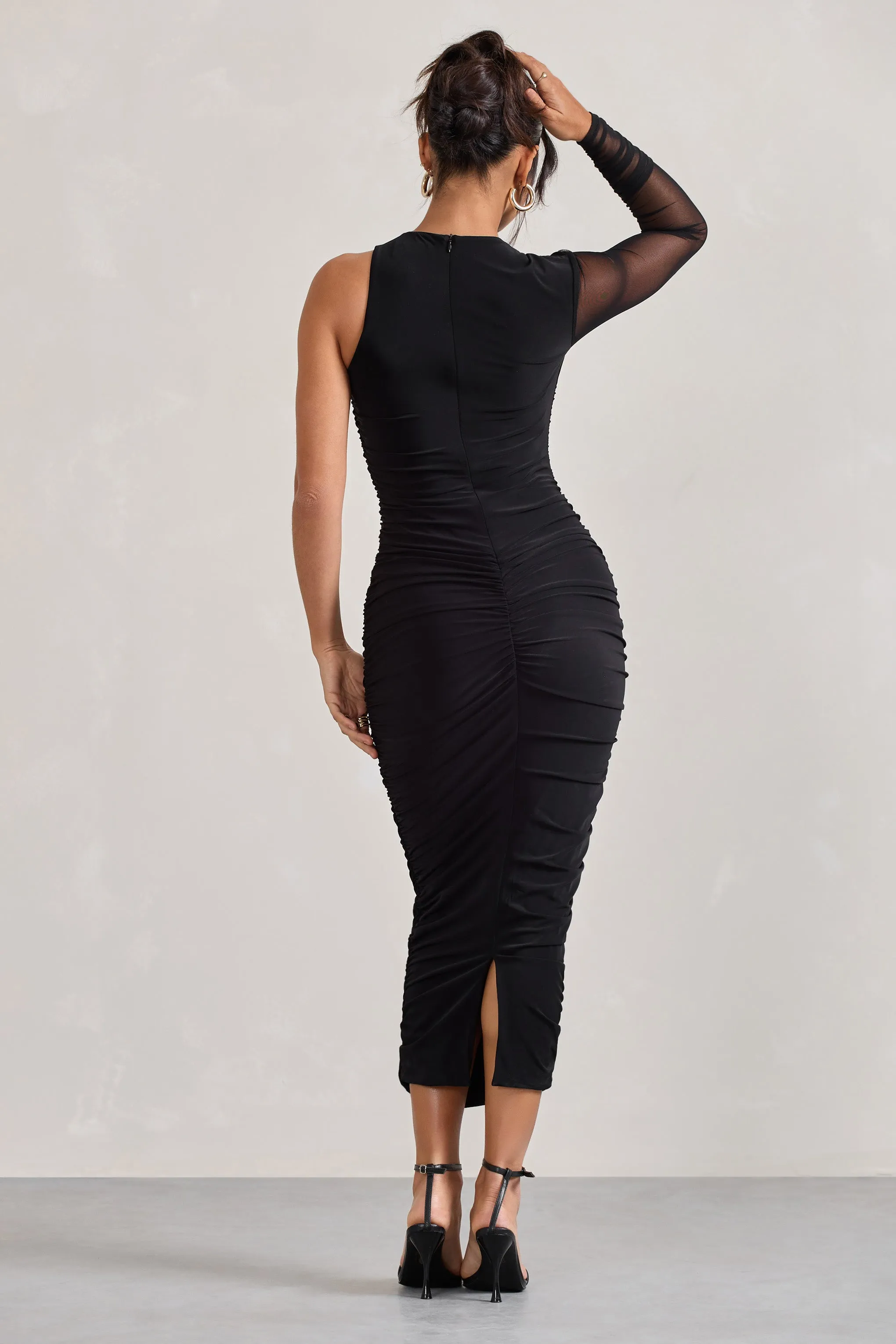 Luciene | Black Ruched Asymmetric Bodycon Midi Dress With Sheer Sleeve