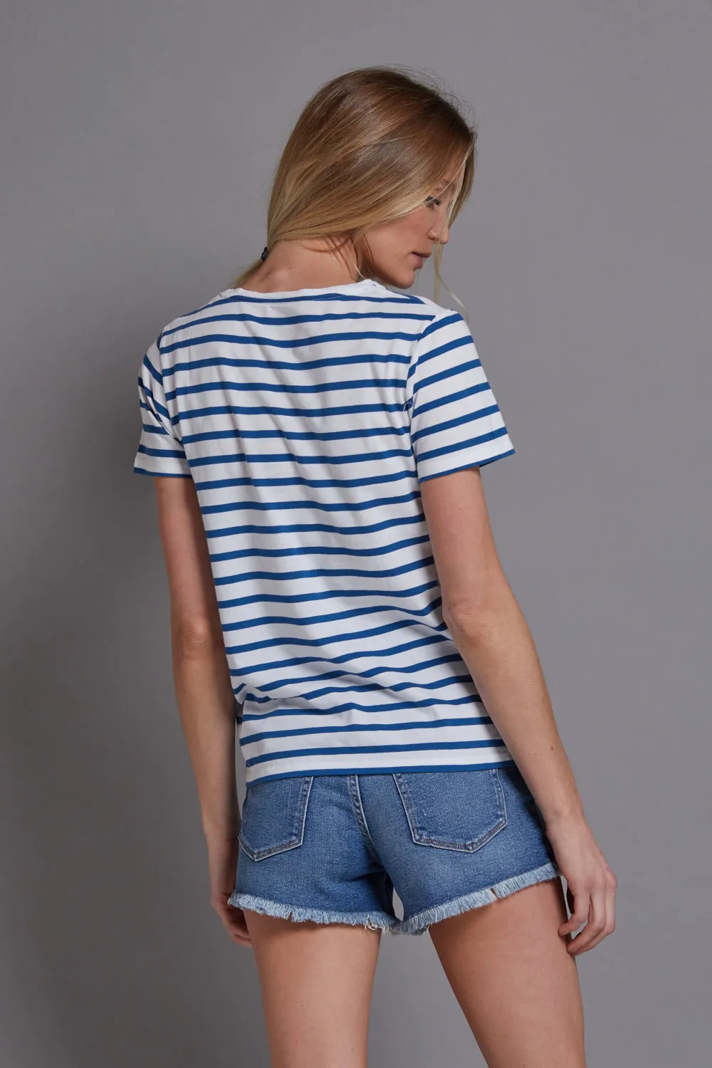 Majestic Short Sleeve Striped Crewneck in Blanc/Notte