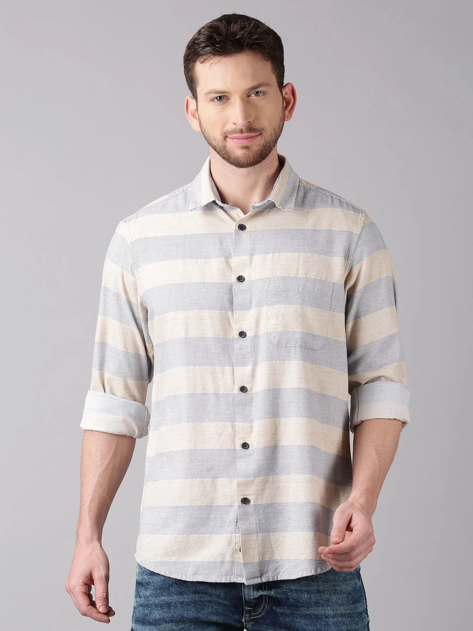 MEN'S ECRU STRIPE SLIM FIT SHIRT