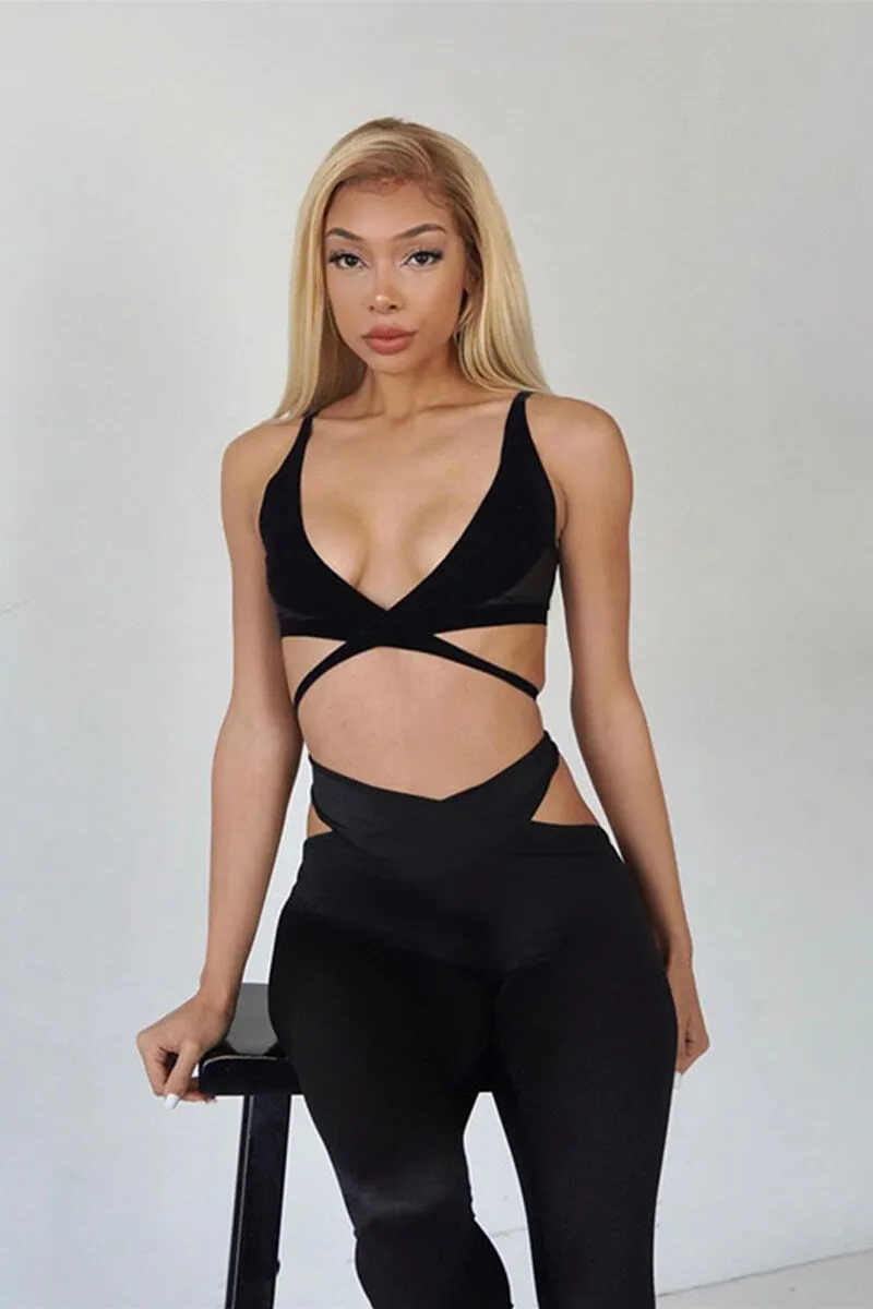 Mesh V Neck Top And Cut Out Pants Set