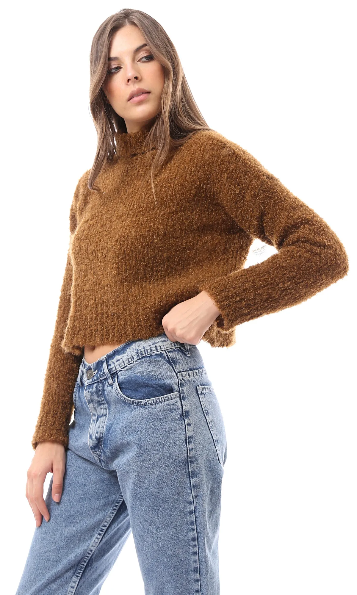 O169974 Turtle Neck Dark Camel Soft Knitted Pullover