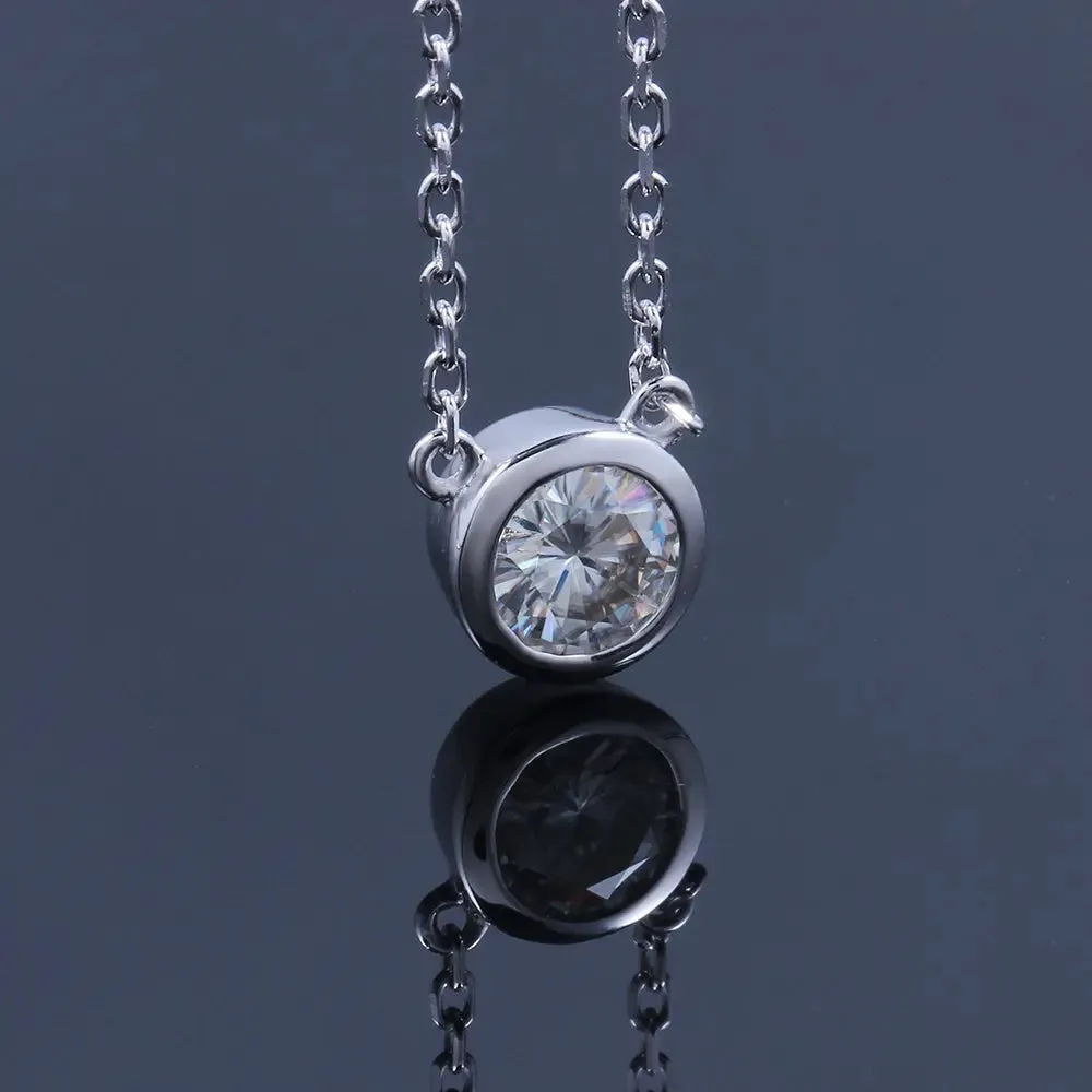 Platinum Plated Silver Bezel Set Moissanite Necklace 1ct