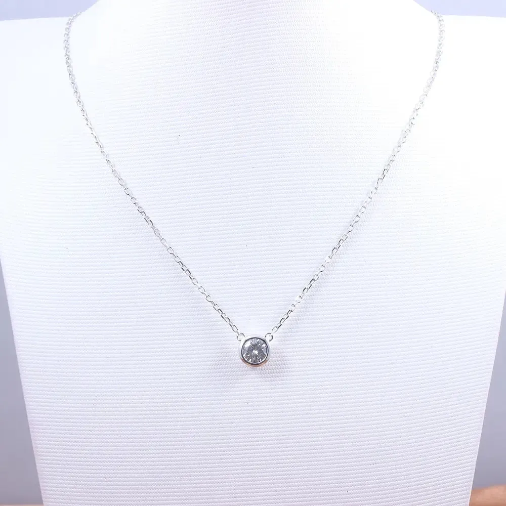 Platinum Plated Silver Bezel Set Moissanite Necklace 1ct