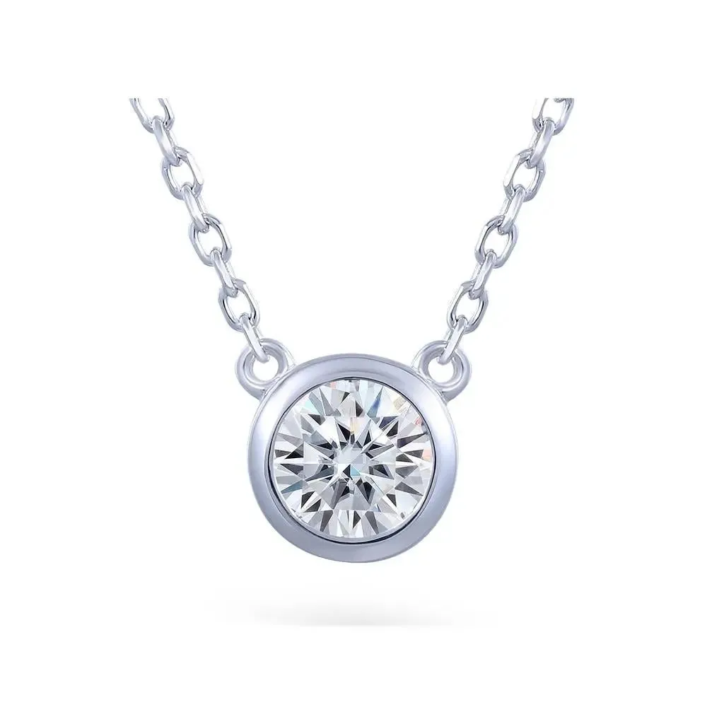 Platinum Plated Silver Bezel Set Moissanite Necklace 1ct