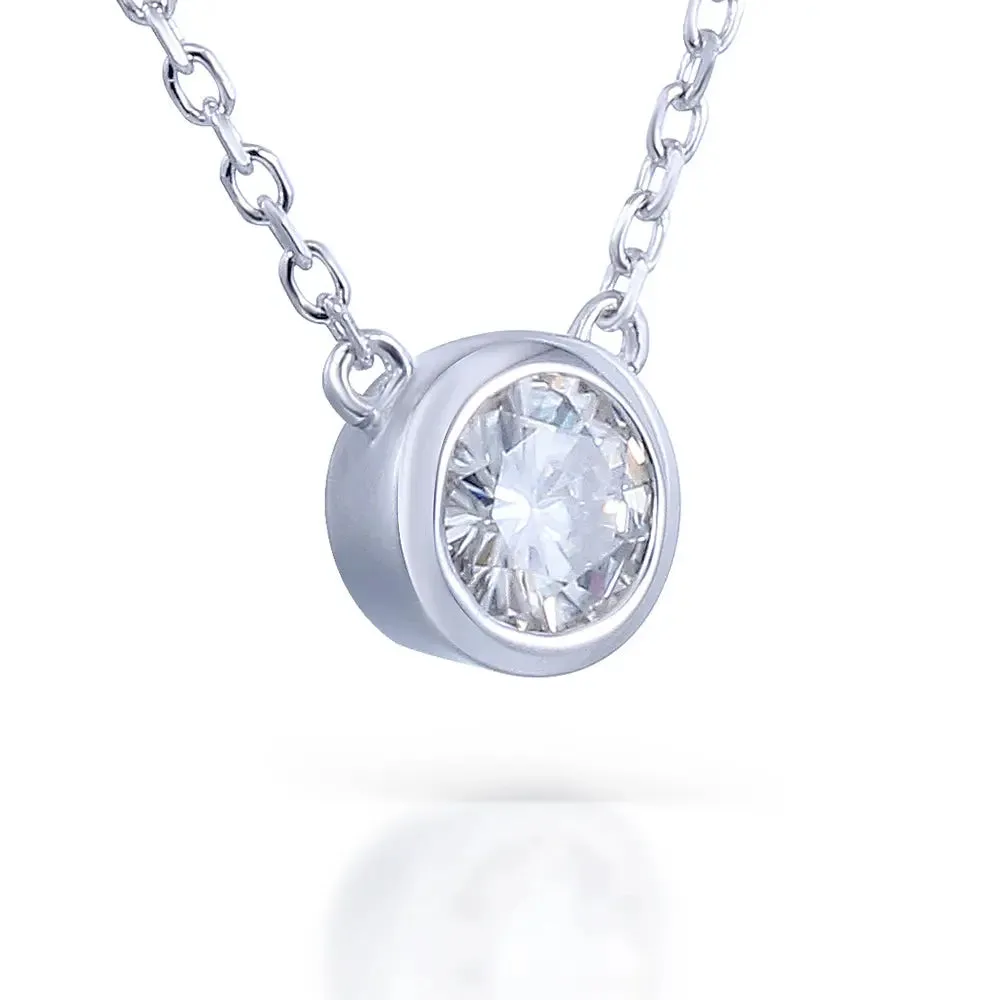 Platinum Plated Silver Bezel Set Moissanite Necklace 1ct