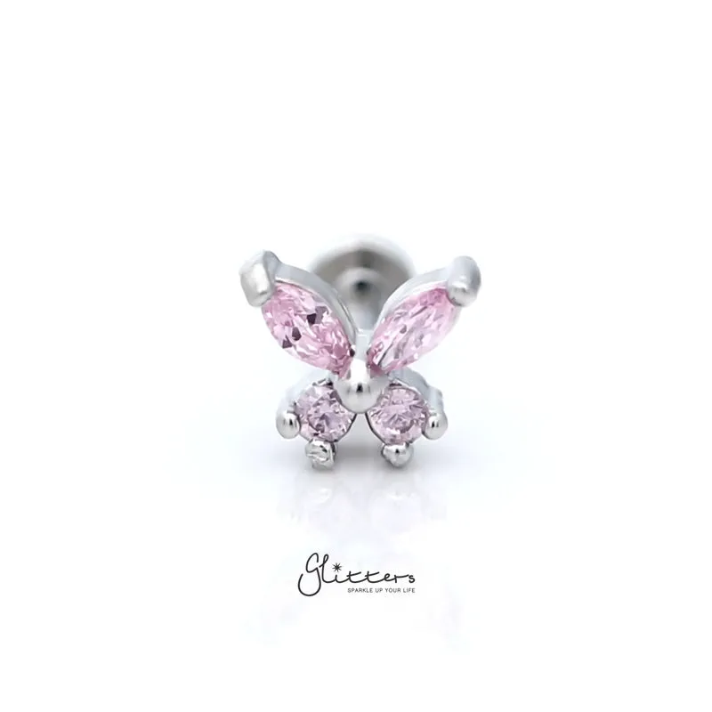 Prong Set CZ Butterfly Tragus Cartilage Barbell Stud - Pink