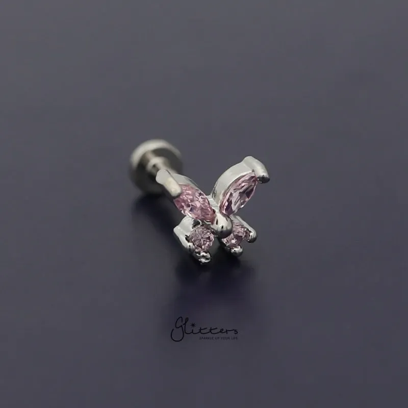 Prong Set CZ Butterfly Tragus Cartilage Barbell Stud - Pink