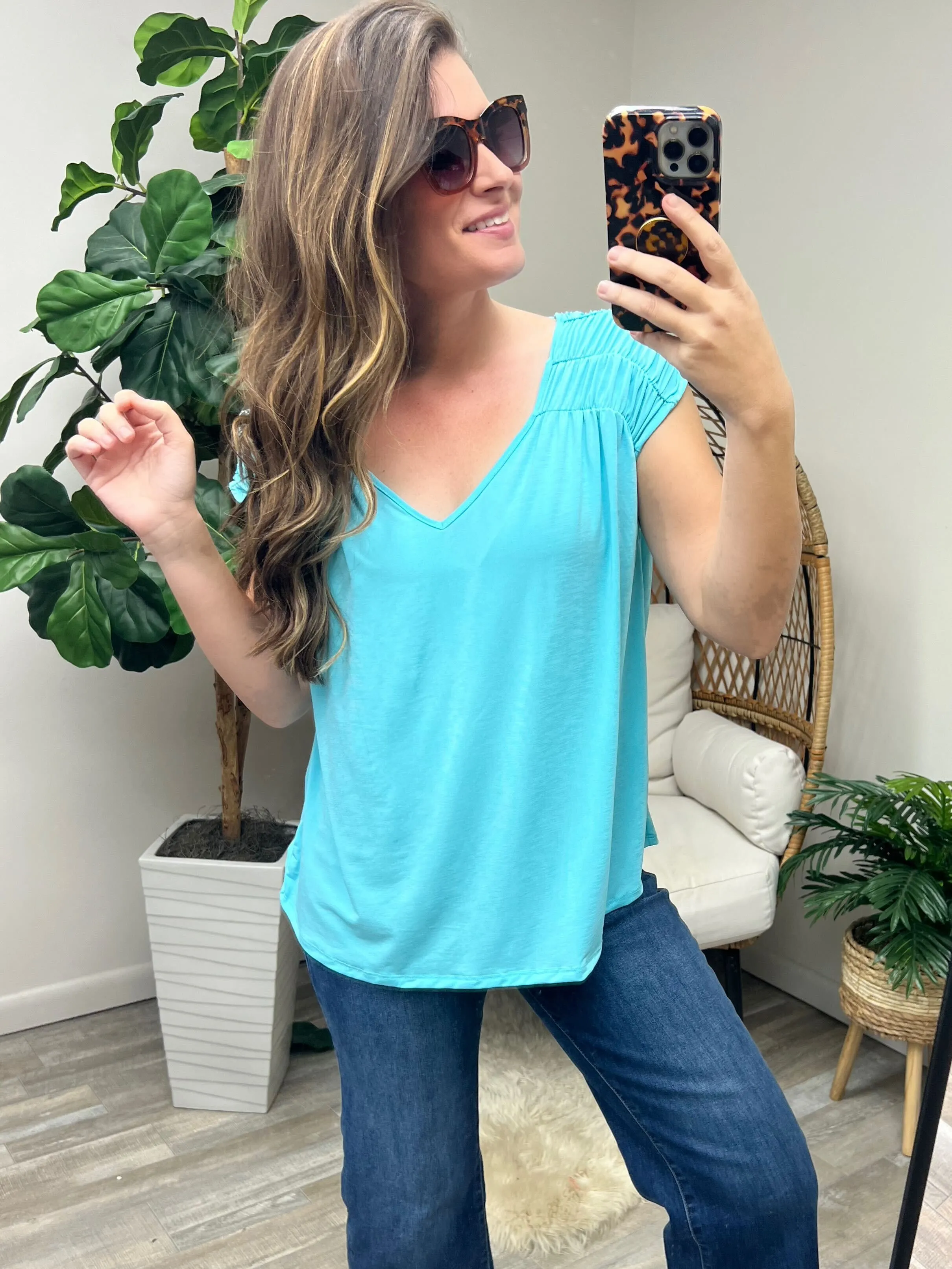 Ruched Cap Sleeve Top in Neon Blue