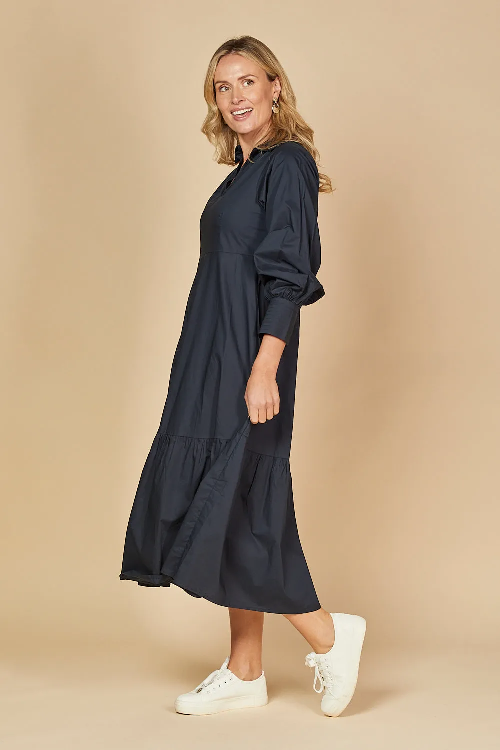 Sabre V-Neck Poplin Dress in Navy