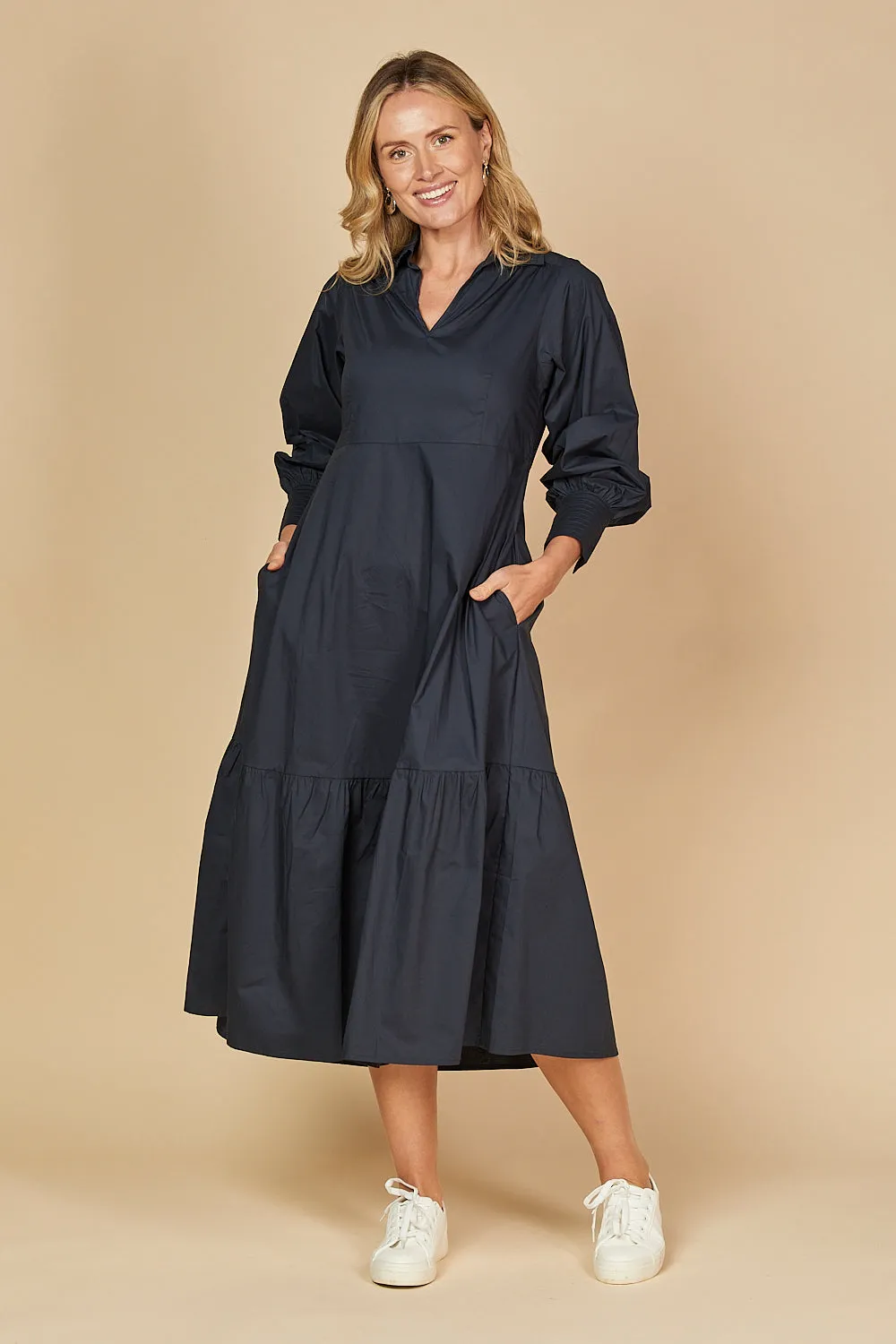 Sabre V-Neck Poplin Dress in Navy