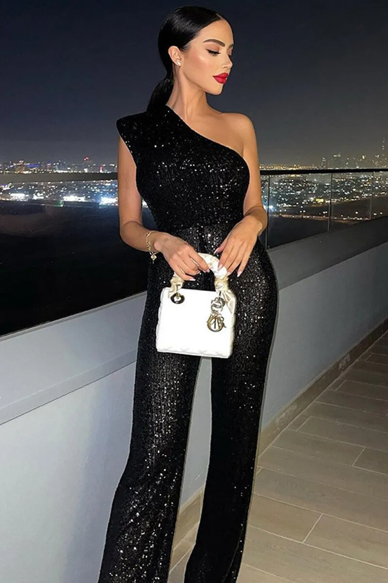 Sequin One Shoulder Sleeveless Wide Leg Jumpsuit