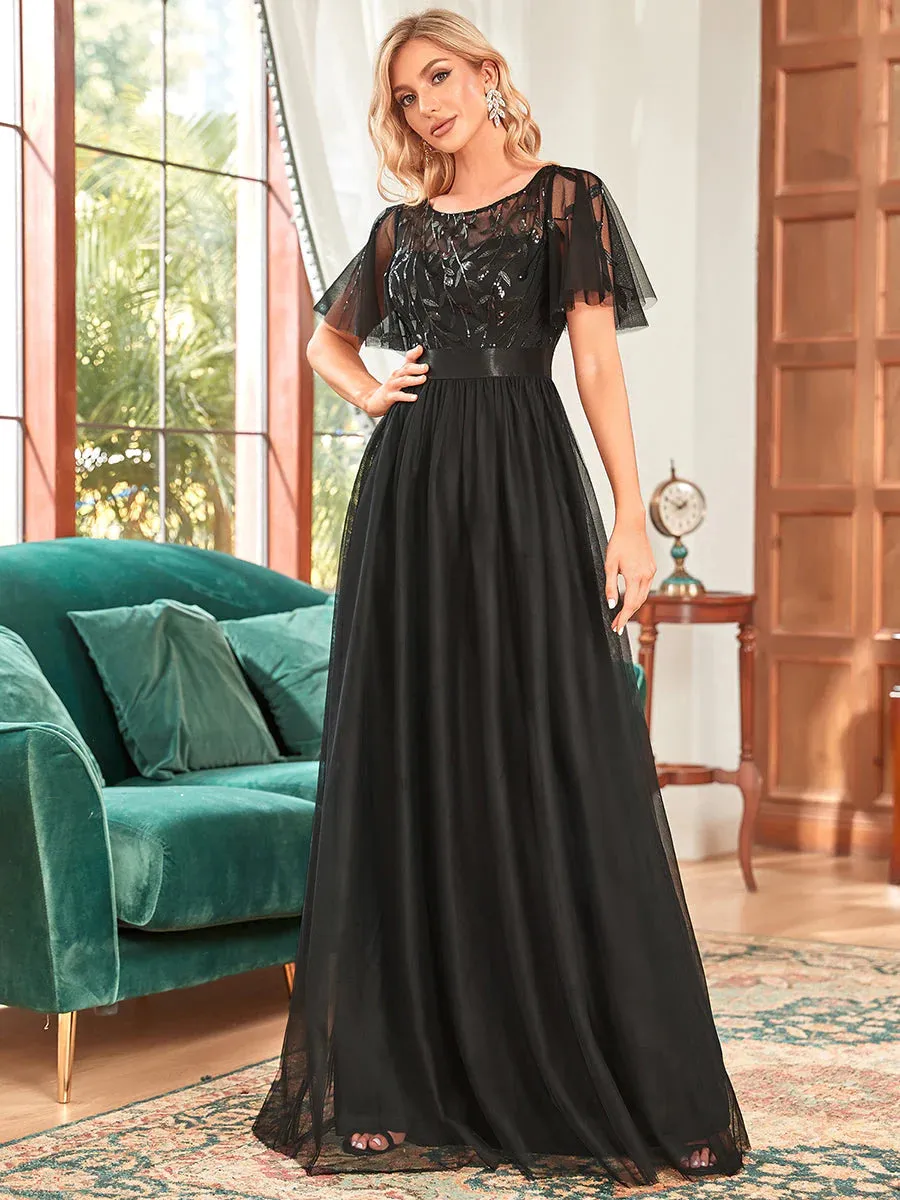 Sequin Print Maxi Long Bridesmaid Dress with Cap Sleeve