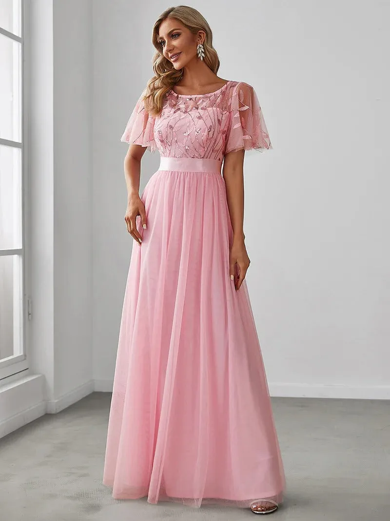 Sequin Print Maxi Long Bridesmaid Dress with Cap Sleeve