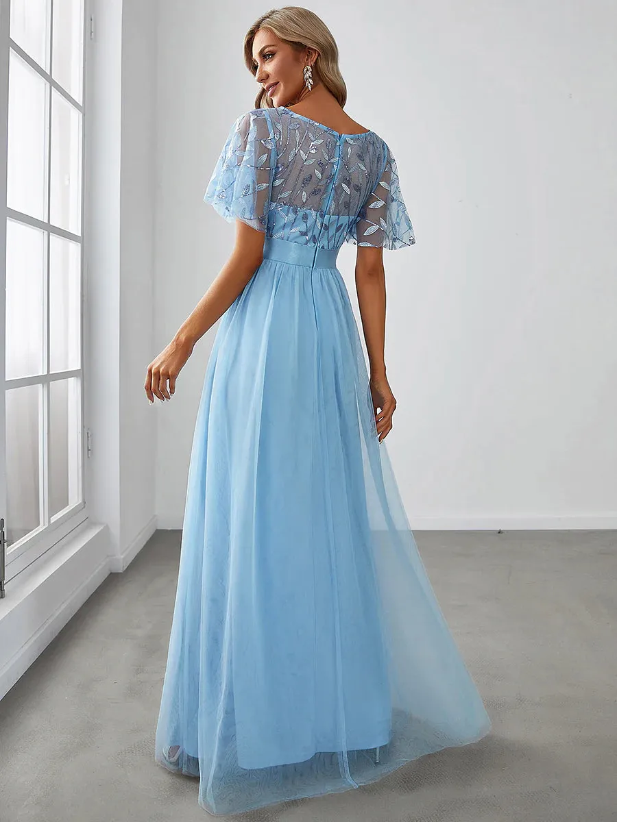 Sequin Print Maxi Long Bridesmaid Dress with Cap Sleeve