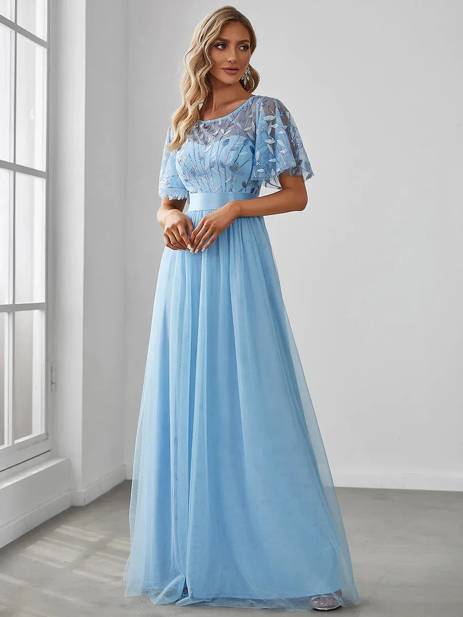 Sequin Print Maxi Long Bridesmaid Dress with Cap Sleeve