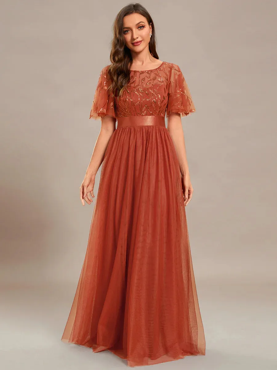 Sequin Print Maxi Long Bridesmaid Dress with Cap Sleeve