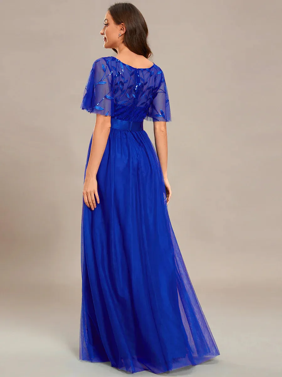 Sequin Print Maxi Long Bridesmaid Dress with Cap Sleeve