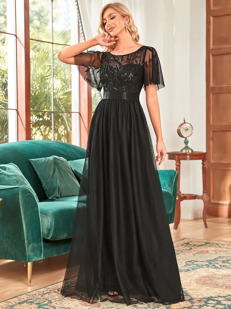 Sequin Print Maxi Long Bridesmaid Dress with Cap Sleeve