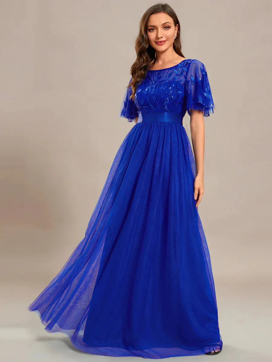 Sequin Print Maxi Long Bridesmaid Dress with Cap Sleeve