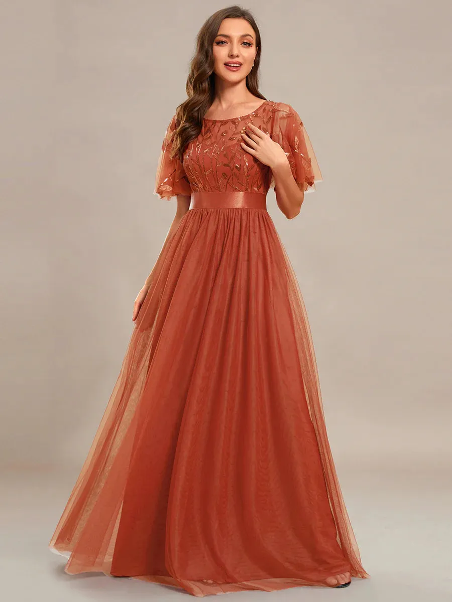 Sequin Print Maxi Long Bridesmaid Dress with Cap Sleeve